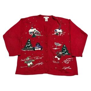 Vintage 90s Women’s 1X Christmas Ice Skating Snowman Embroidered Cardigan